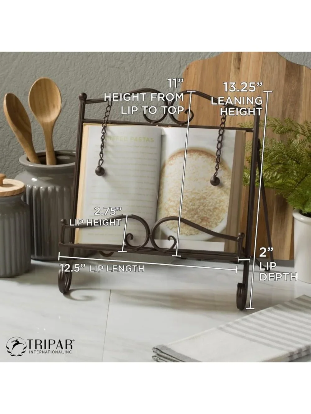 Adjustable Metal Cookbook Stand - Swirl Design for Cookbooks, Tablets & Recipes